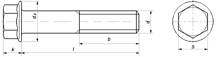 DIN 6921. Болт с шестигранной головкой и фланцем (пресс-шайбой), высокопрочный с полной резьбой чертёж